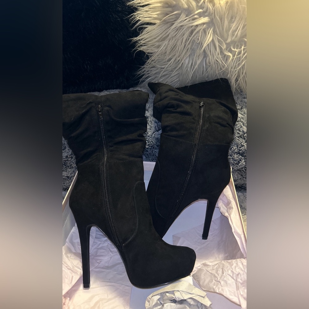 JustFab Faux Suede Stiletto Slouch Boots
